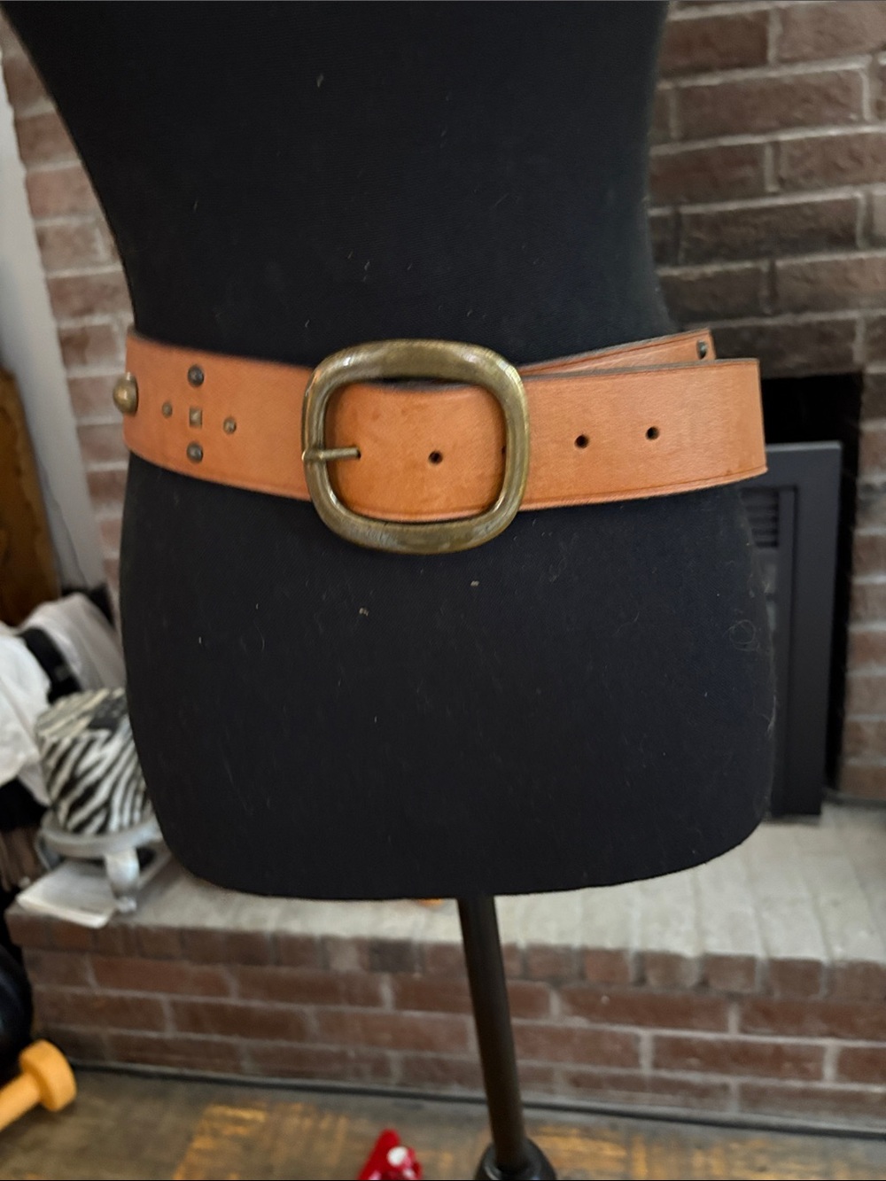 Tan Leather Belt with Antiqued Brass Oval Buckle